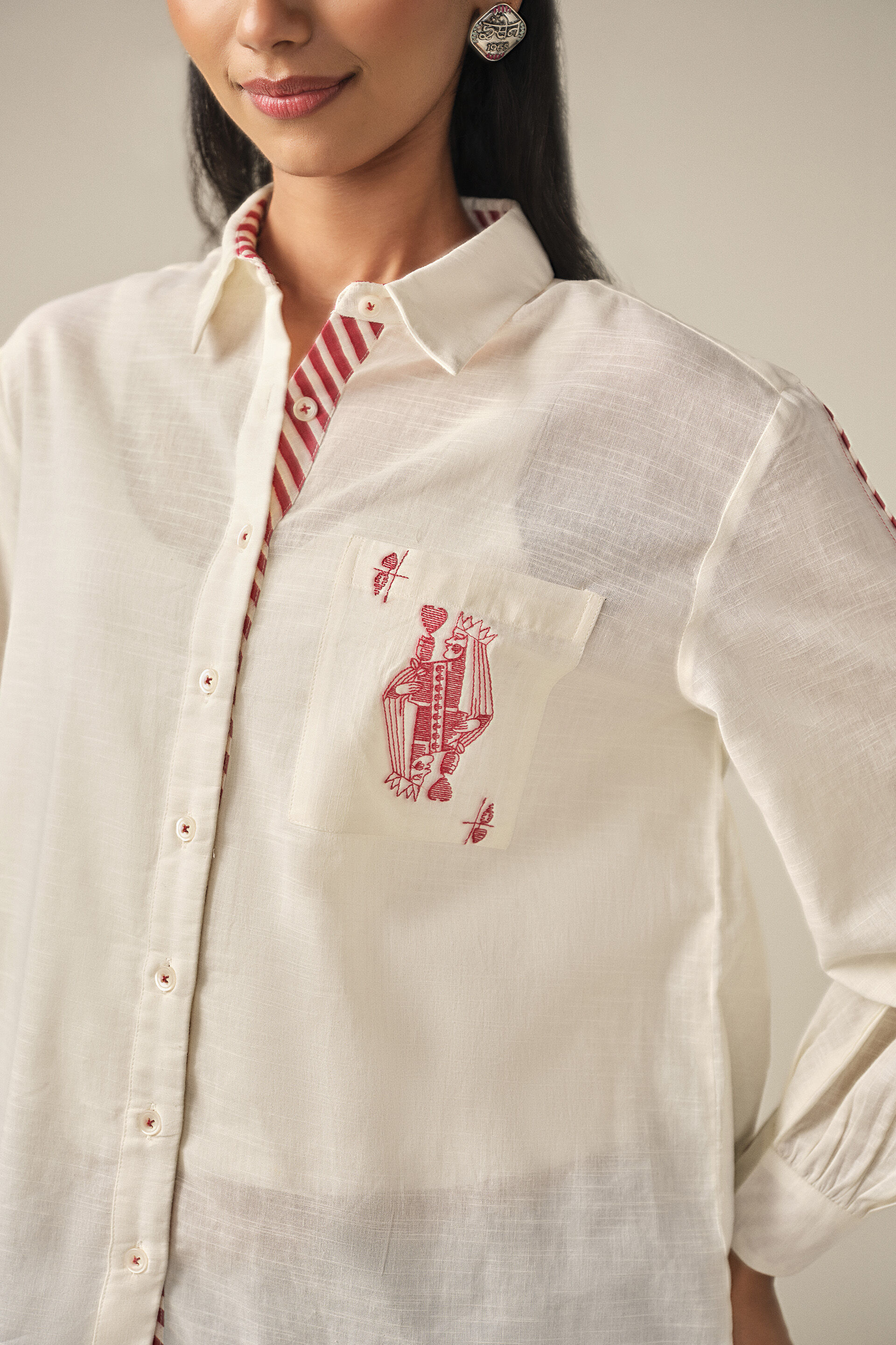 Embroidered Playing Card Cotton Shirt in Off White, Off White, image 2